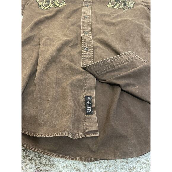 Affliction Gold Lion Brown Long Sleeve Button Up Graphic Print Men's Size M - Picture 8 of 11